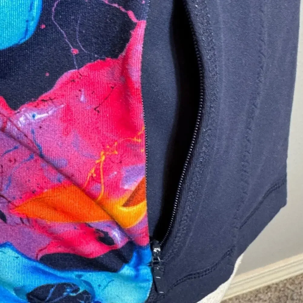 Athleta jacket navy & vivid pink red blue floral pattern on sides full zip Sz M